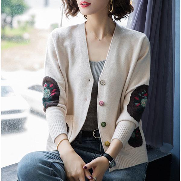 Spring Autumn Women's Knitted Cardigan Sweater Short Loose Thin V-Neck Knit Sweater Long Sleeve Printed Knitted Jacket Outwear
