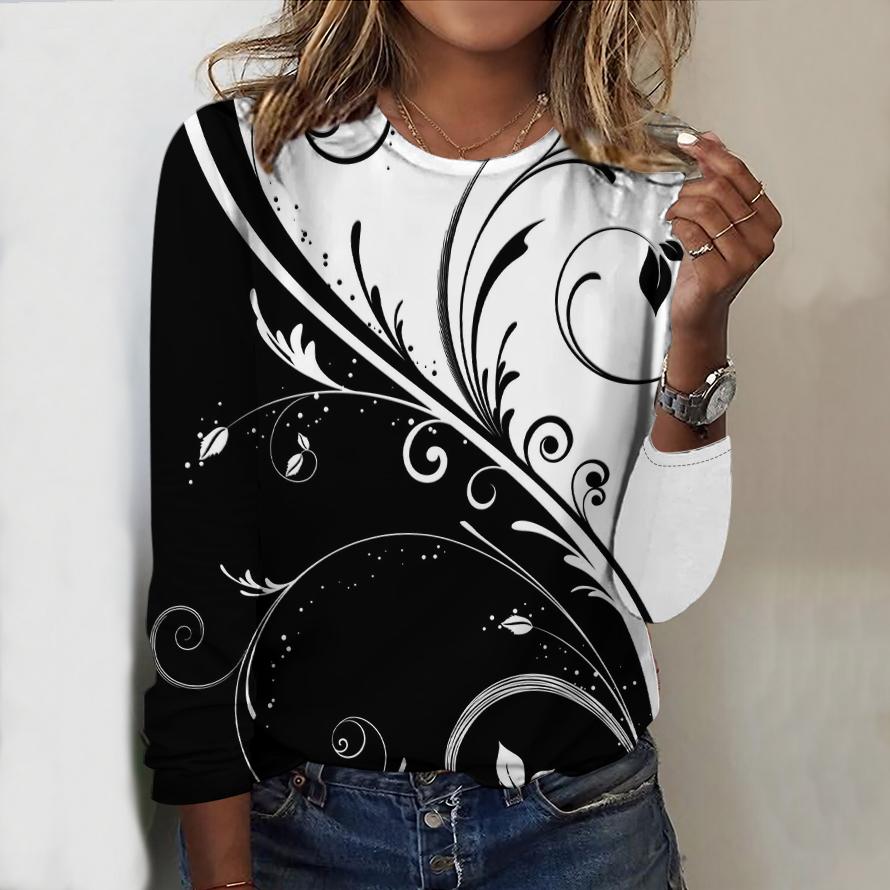 

Топы на весну и осень, двухцветная футболка с круглым вырезом и длинным рукавом с принтом роз, повседневный облегающий женский топ с длинным рукавом 2XL чёрный