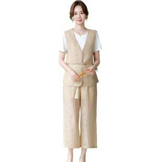

Stylish Summer Casual Suit for Middle-Aged and Elderly Women - Chinese Style Short-Sleeved Top XL бежевий