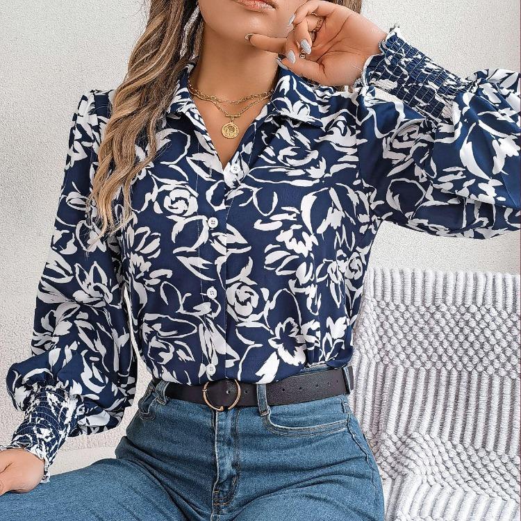 Dámská halenka s dlouhým rukávem a výstřihem do V, elegantní košile s potiskem pro jarní a podzimní sezónu