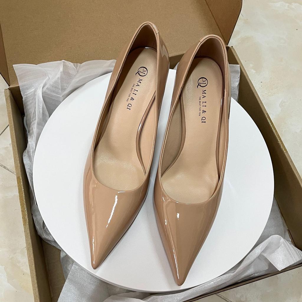 Nude patent leather high heels women's autumn new light mouth pointed head versatile simple thin heel professional single shoes women