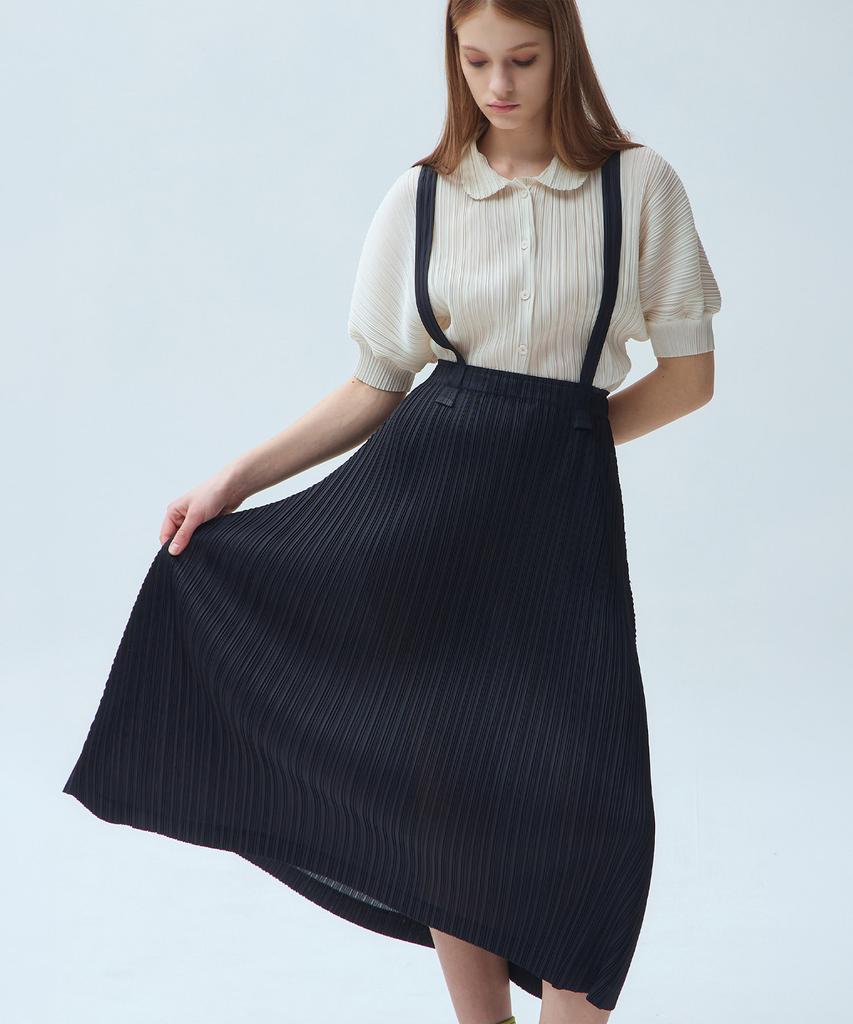 Waiowai Suspender Curve Pleated Long Skirt_2 Colors