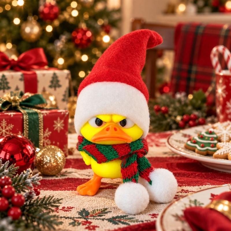 3D-Printed Christmas Duck Figurines, Funny Angry Yellow Duck Deccorations with Red, White, and Green Trim for Desks, Shelves, Entryways, and Cabinets