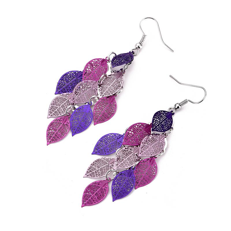 Vintage Hollow Leaves Drop Earrings for Women Bohemian Colorful Long Dangle Earrings 2024 Fashion Zircon Boucle Oreille Femme