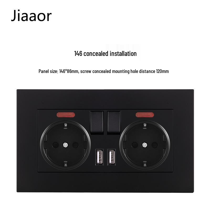 16A Black European Double Gang German-Style Switch & USB/Type-C Socket for Concealed Installation