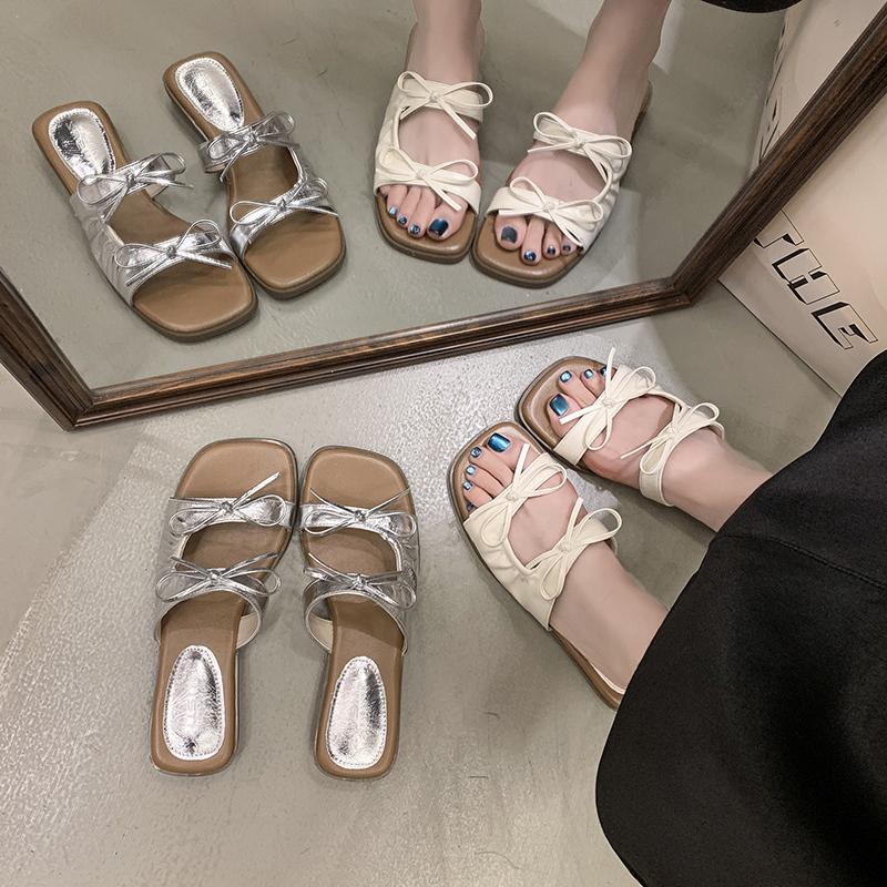 Fashion 2025 Bow Women Square Toe Low Heels Slippers Sexy Trend Sandals Summer Shoes New Designer Party Heeled Shoes Woman Pumps