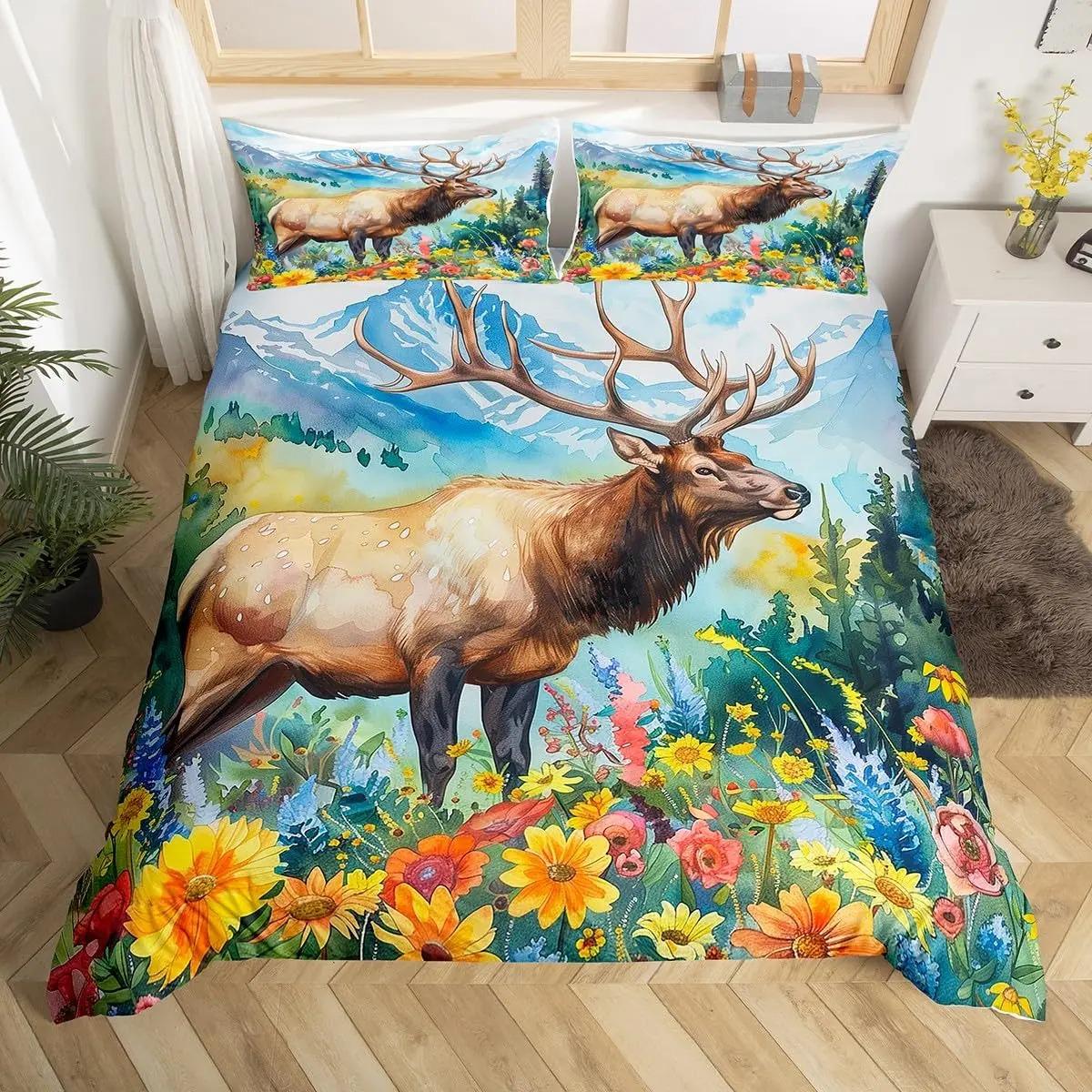 

Пододеяльник с изображением оленя и оленя King Queen Farm Deer Forest, комплект постельного белья Moose Wildlife Animal, походное охотничье одеяло US King 264x228cm