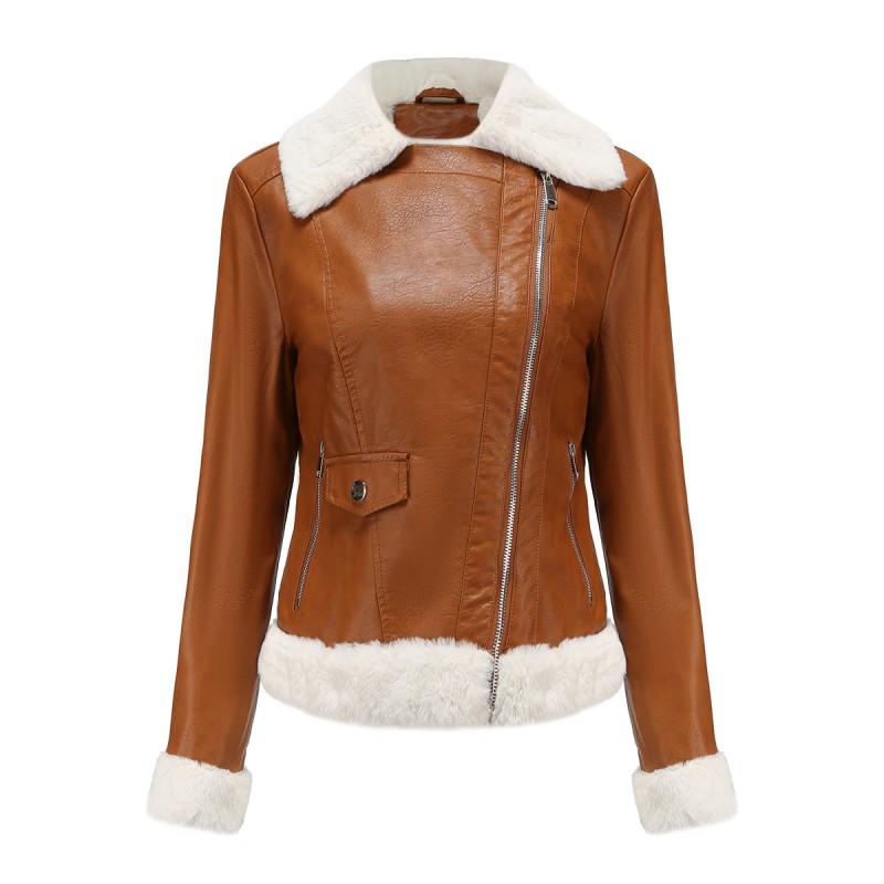 Womens Fleece-Lined PU Leather Jacket With Fur Collar Classic Turn-Down Long Sleeve Winter Commute Casual Wear