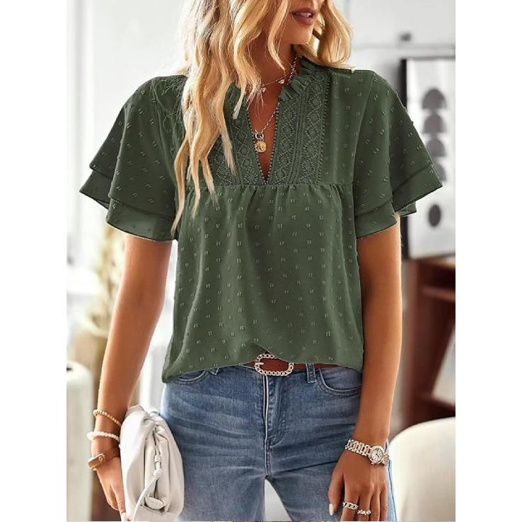 Elegant Resort-Style Deep V Lace Short-Sleeve Women's Blouse 2026 Spring/Summer