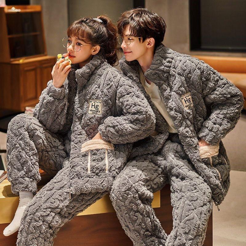 Winter Thick Fleece Couple Pajamas Set Warm Coral Loungewear Sleepwear