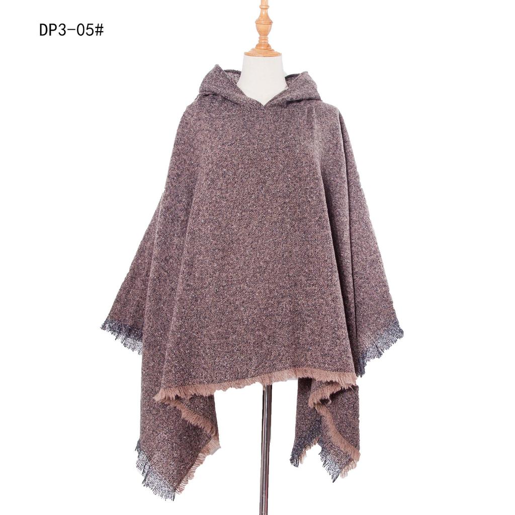 European & American Women’s Black Hooded Pullover Cape with Floral Shawl Clip, Suitable for Spring, Autumn, and Winter
