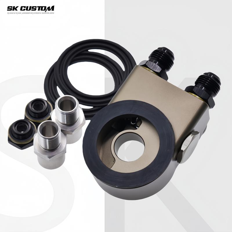 SK CUSTOM Engine Radiator Adapter Oil Cooler Filter Thermostat Sandwich Plate Elevation Angle 45° AN8 AN10 Aluminum Alloy CNC