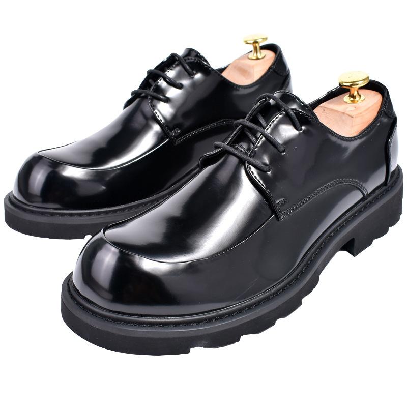 Factory autumn new round head business dress leather shoes big head single shoes patent leather retro men's thick sole heightening big head shoes