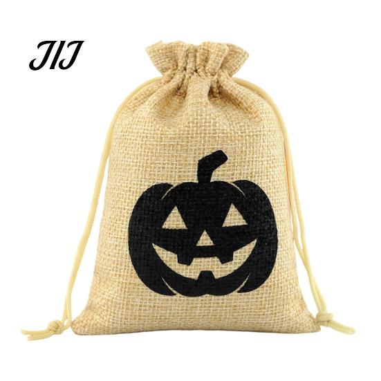 Cotton Linen Jewelry Bags Halloween Burlap Treat Bags, Pumpkin Ghost Bat Spider Witch Print Drawstring Gift Favors Candy Pouches for Cookies