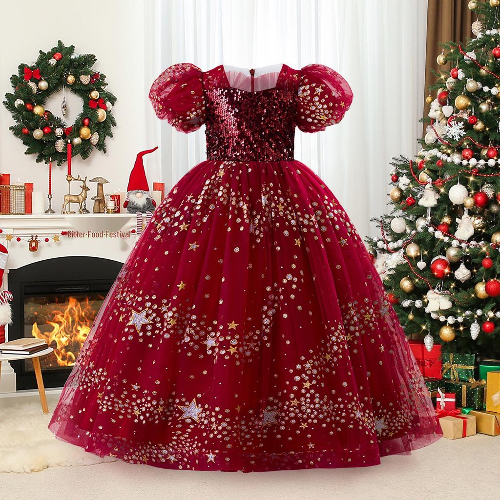 European & American Christmas Girl's Sequin Mesh Princess Dress - Long Evening & Birthday Gown