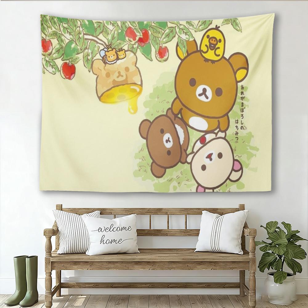 Cute Brown White Bear Wall Tapestry Hippie Floral Art Carpet Dorm Decor Aesthetic Wall Hanging