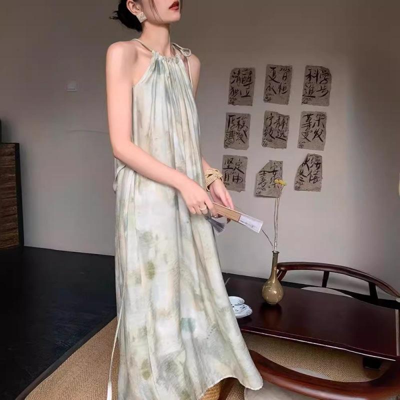 New Sleeveless Ink Smudge Printed Neck Dress for Women In Summer Sanya Beach Vacation Beach Skirt