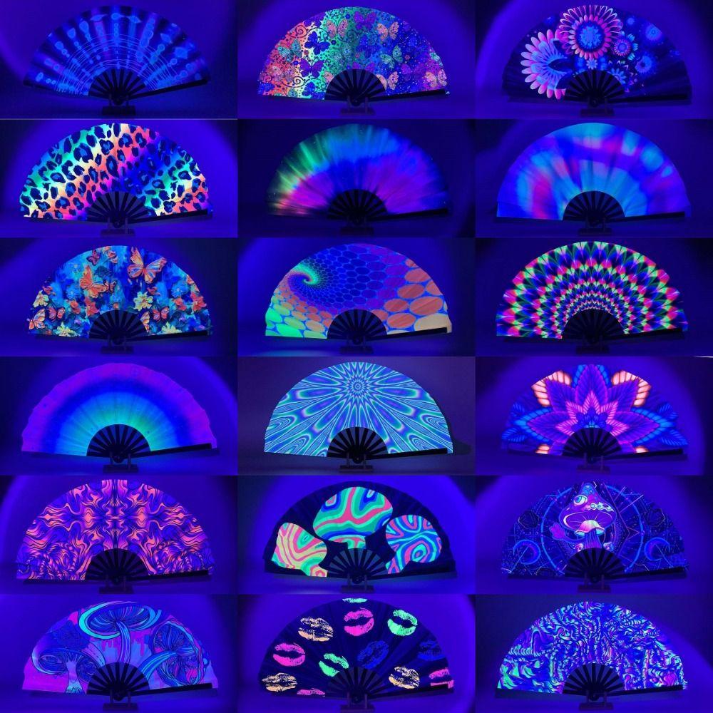 Ventilateur Psychedélique Néon Vibrant 13 pouces Papillon Ventilateur Luminescent Réactif aux UV Cosplay