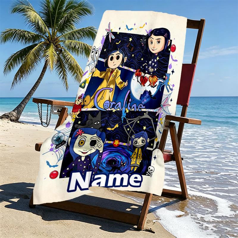 Custom Name Personalized Coraline Print Beach Towel, for Trip Camping Beach Party Home Decor, Birthday Gift for Family & Friends