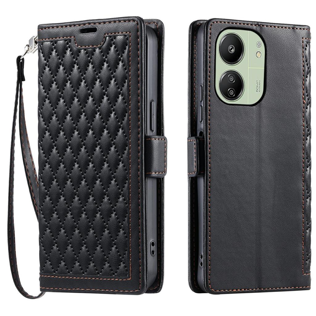 Leather Case For Xiaomi Redmi 13C 5G/4G/13R 5G/Poco C65 4G Rhombus Texture Wallet Stand Phone Cover with Wrist Strap
