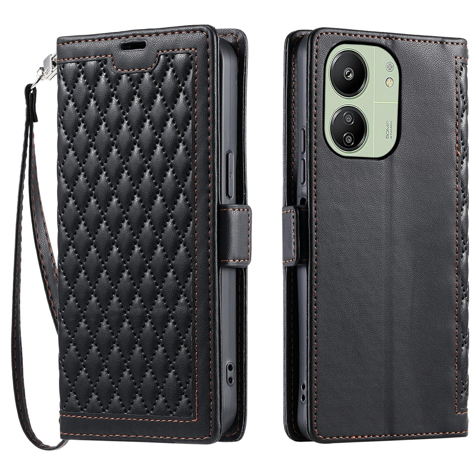

Leather Case For Xiaomi Redmi 13C 5G/4G/13R 5G/Poco C65 4G Rhombus Texture Wallet Stand Phone Cover with Wrist Strap A