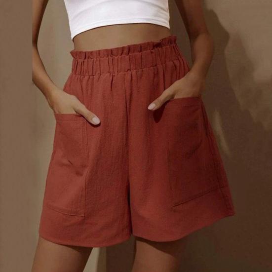 Women Shorts Elastic Knee Length Shirring Loose Side Pockets High Waist Straight Above Soft Solid