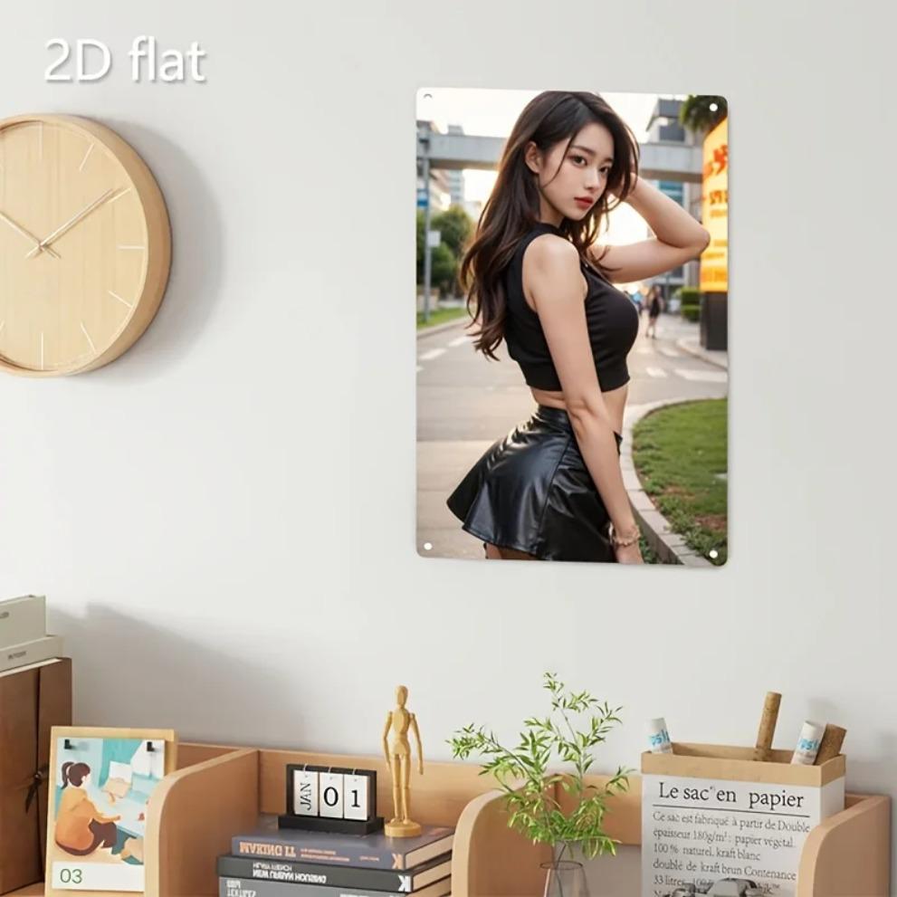 Hisun Tin Sign HD Metal Tin Sign Stunning Asian Beauty in Black Crop Top Leather Skirt Urban Retro Wall Art D Flat Iron Painting Plaque for