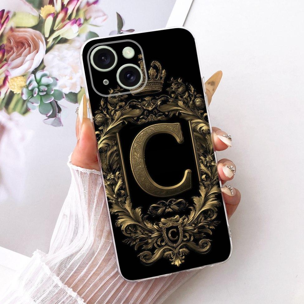Transparent For iPhone 15 Case Cover Transparent Luxury Crown A-Z Letters 2D Flat Pattern Soft Casing A3092 A3090 A2846 A3089