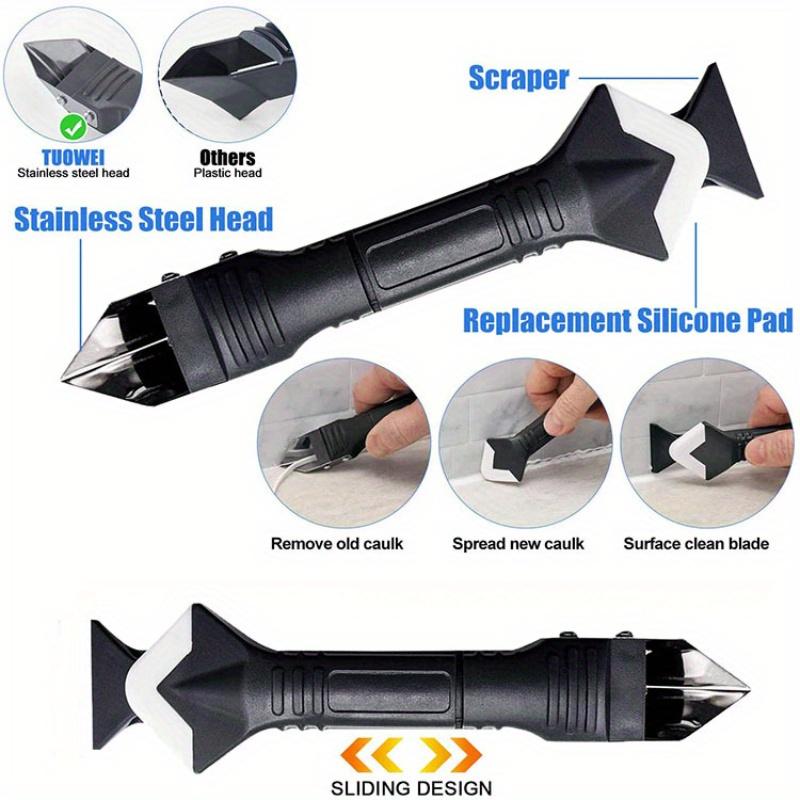Set de instrumente de calafat din silicon cu cap din oțel inoxidabil 3 în 1 - Curățător de calafăt, racletă și placă - Albastru, nu necesită asamblare
