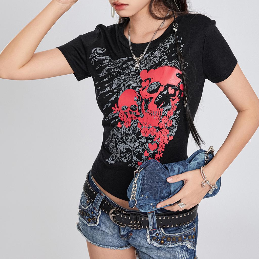 Women Short Sleeve T-Shirts Skull Print Crew Neck Shirts Summer Casual Slim Fit Tops Streetwear
