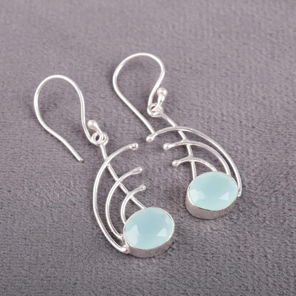 Aqua Chalcedon Ohrringe, 925 Sterlingsilber Schmuck, Edelsteinohrringe, Geschenk für Sie Handgefertigter zarter Schmuck