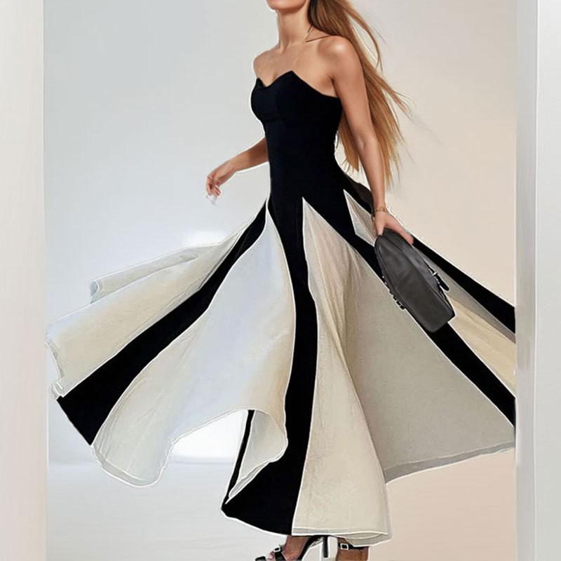 2026 Elegant Color-Block Strapless Maxi Dress High-Waisted Fit-and-Flare Womens Formal Casual