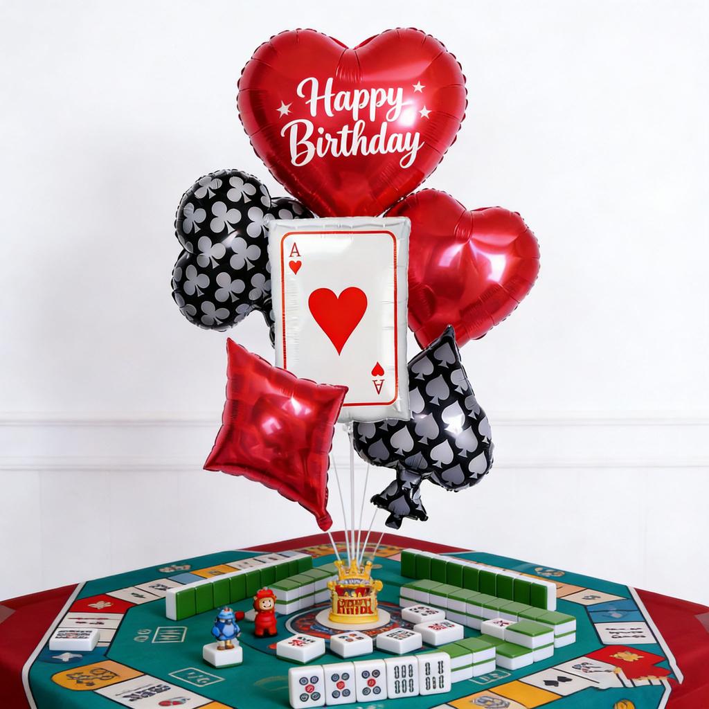 5pcs Poker-Themed Party Balloon Set Red Peach Black Peach Plum Blossom Square Aluminum Film Balloons Birthday Party Decoration
