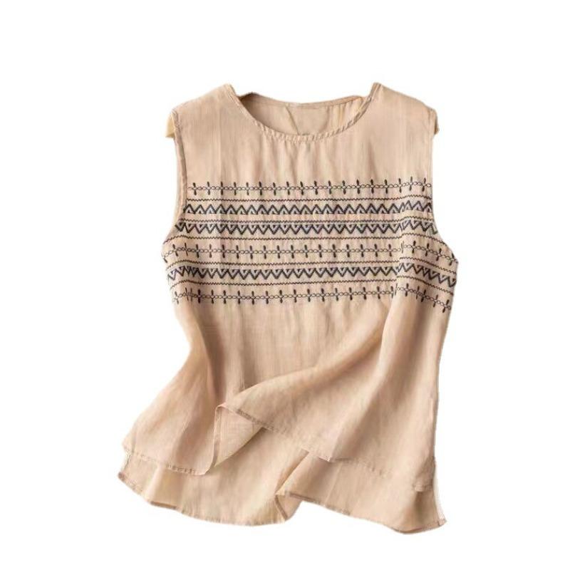 Summer Round Neck Undershirt Bohemian Geometric Embroidery Blouse Solid Color Vintage Ethnic Embroidery Tank