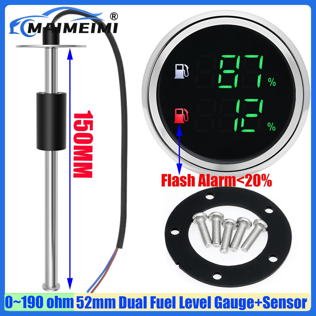MAIMEIMI Dual Fuel Level Gauge with Flash Alarm Green LED Digital 52MM Oil Tank Meter 0-190ohm Fuel Level Sensor 100-550MM Boat