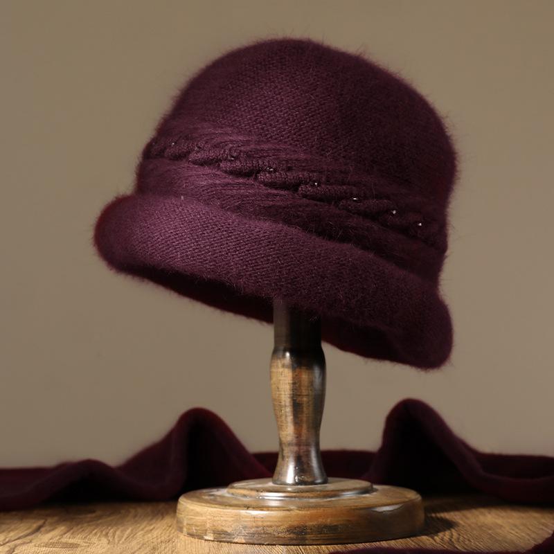 

Winter old man hat female grandma knitted wool hat piled thickened rabbit fur warm mother hat old lady hat One size темно-фіолетовий колір