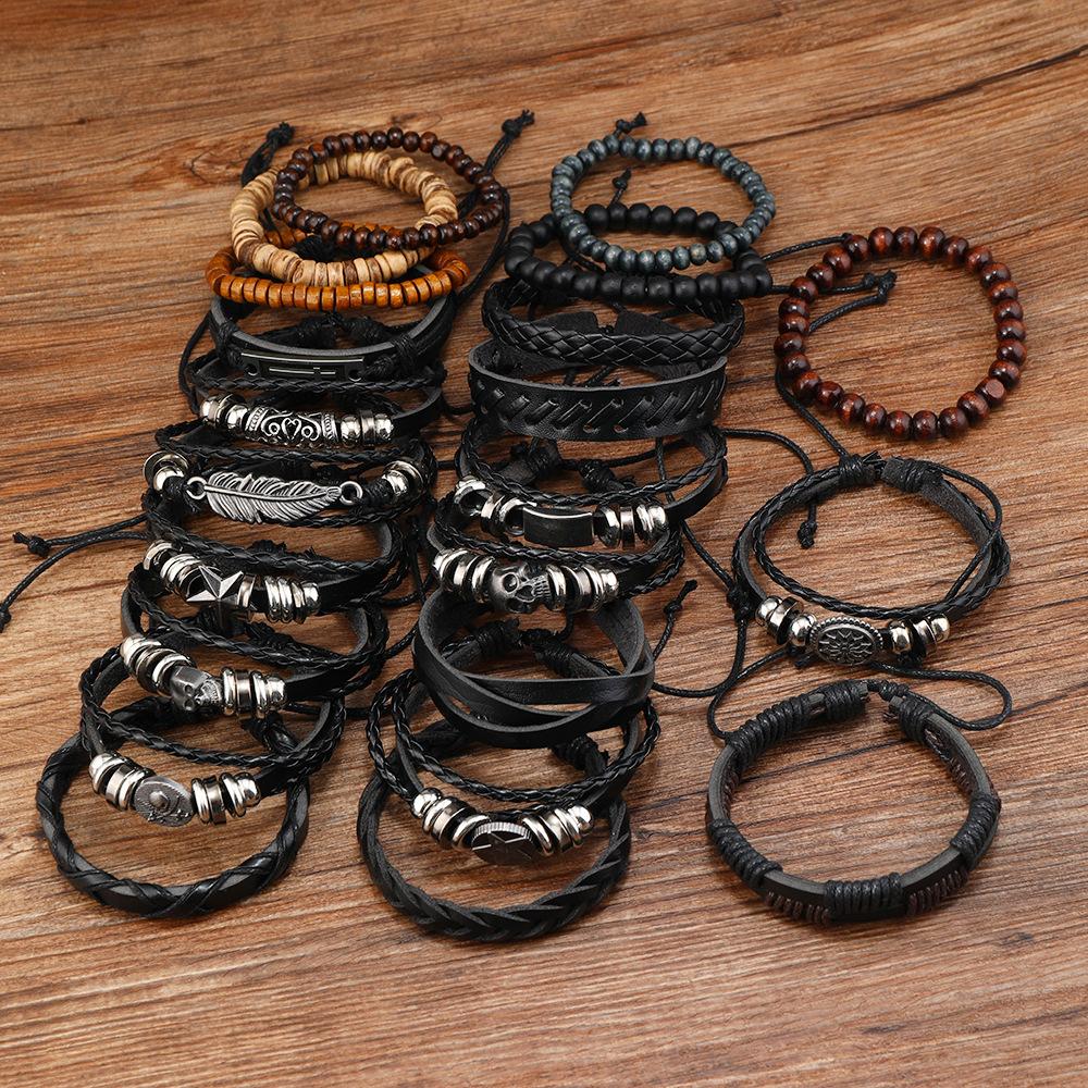 DAIHE 20 PCS Set Fashion Bracelets Bangles Hip Hop Punk Style Skull Beaded Weave Men Leather Bracelets