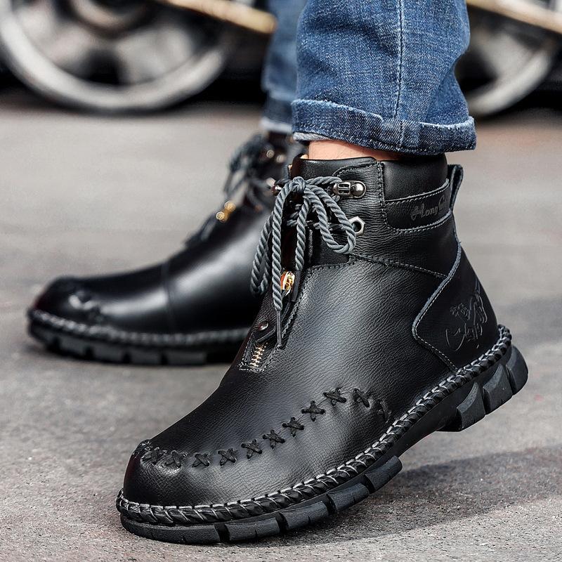 Men's boots autumn and winter outdoor medium and high-top shoes 2021 fashion leather boots trendy casual shoes sewn shoes large size men