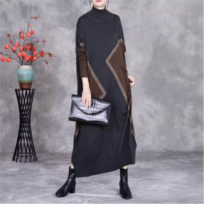 Johnature Woman Autumn Fashion Mock Neck Loose Long Sleeves Dress Chinese Style Contrast Casual Dress