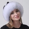 Women's Fluffy Rabbit Fox Fur Pompom Hat Russian Winter Trapper Cap, Warm Knitted Beanie for Snowy Weather