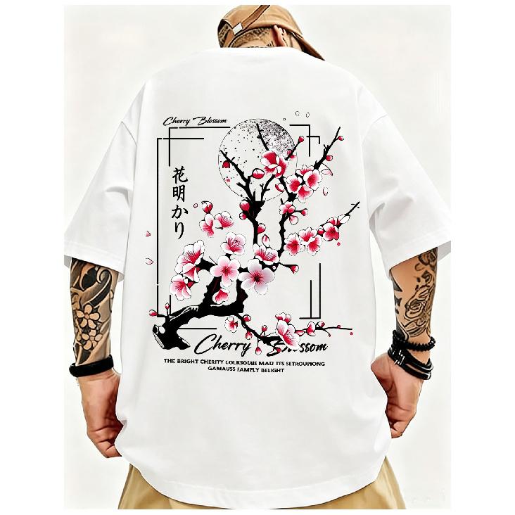 Men's Oversized Short Sleeve T-Shirt with Japanese Cherry Blossom Graphic Print, Soft Cotton Feel, Crew Neck, Streetwear Style for Casual Daily Wear
