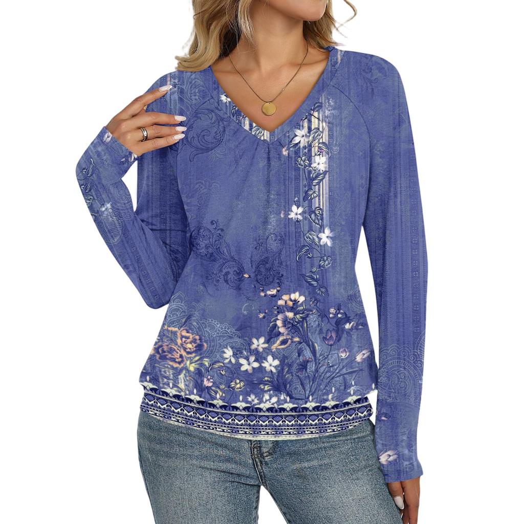 Women's Casual Fashion V-Neck Raglan Pleated Floral Print Long Sleeve Top