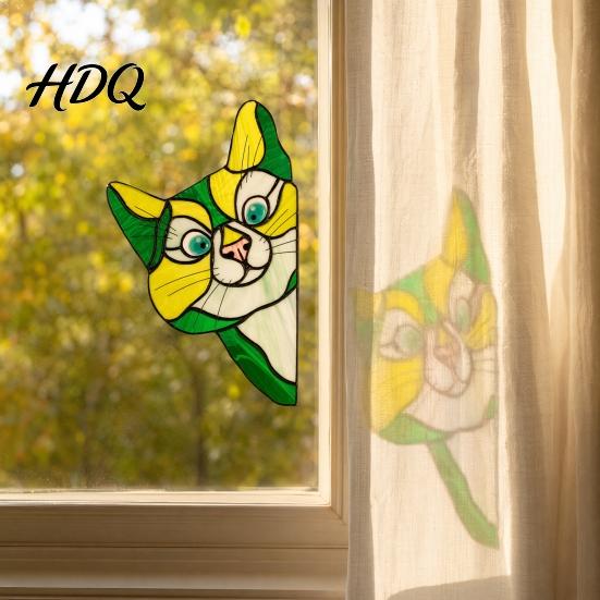 Sunlight Catching Cat Sticker Stained Glass Window Cling Vintage Colorful Kitty Decal Removable Static Cling for Door Wall Car UV-Resistant