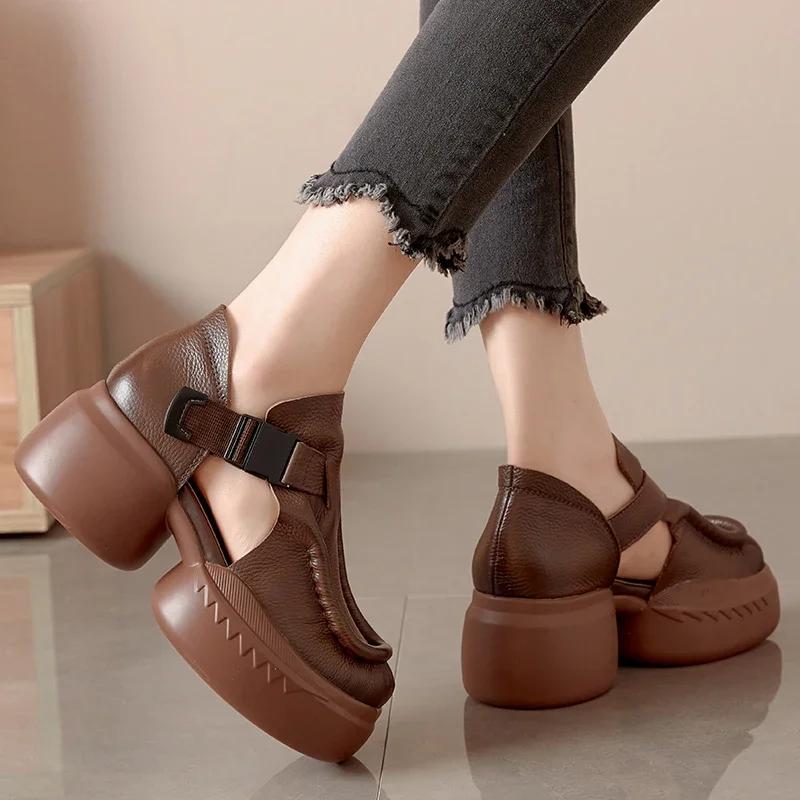 Fashion Retro Genuine Leather Thick Sole Platform Shoes Women 2024 Summer New Waterproof Comfort Round Toe Handmade Sandals