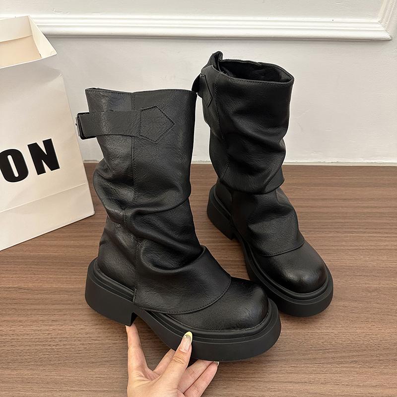 Designer Hosenbeine Damen Stiefel Mode Slipper Plissee Schuhe Damen Dicker Absatz Western Cowboy Stiefeletten De Mujer