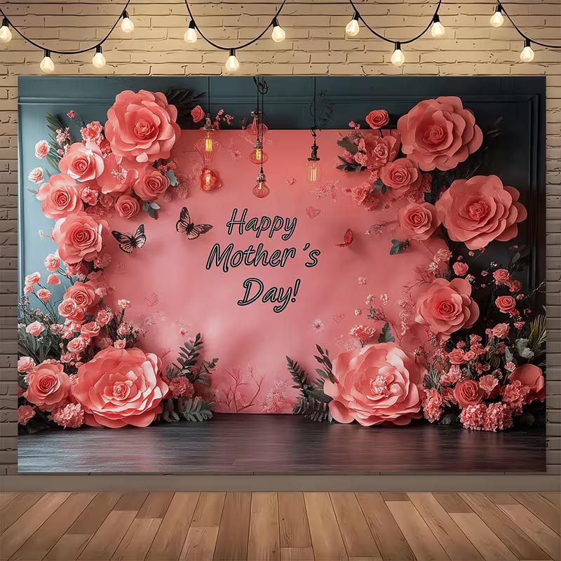 

2D Elegant Mother s Day Backdrop, Pink Roses & Butterflies Party Decor 47.2x31.5inch/120*80cm