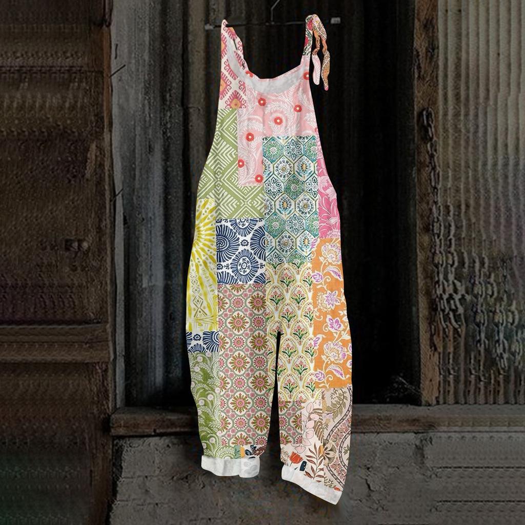 Women's Jumpsuit Floral Vintage Print Casual Loose Retro Cotton Linen Back Pants