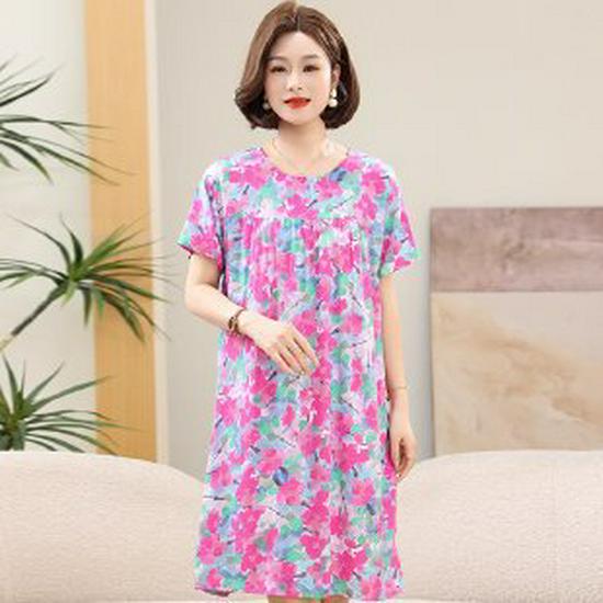 Summer Cotton Silk Knee-Length Floral Dress for Middle-Aged and Elderly Women - Short Sleeved, Lightweight, Plus Size, Loose Fit