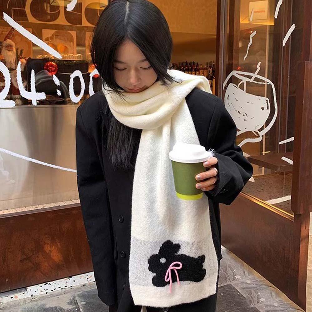 

Soft Rabbit Knitted Scarf Warmer Long Scarf Cute Cartoon Thick Shawl Autumn білий