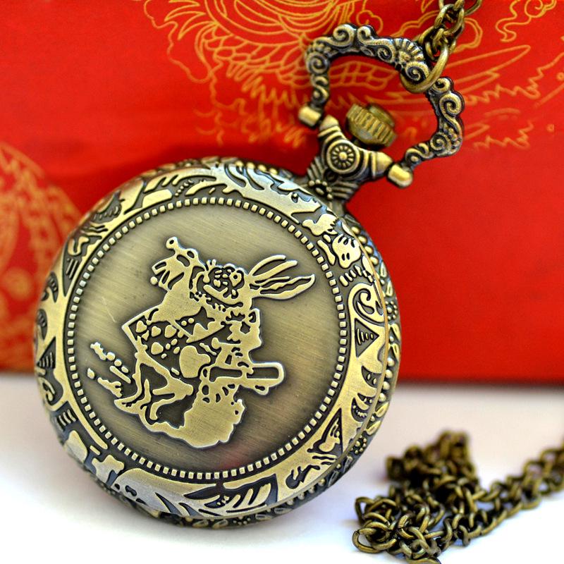 Nostalgic Style Antique Bronze Rabbit Pocket Watch with Fine Chain and Roman Numerals (Large Size, 9014)